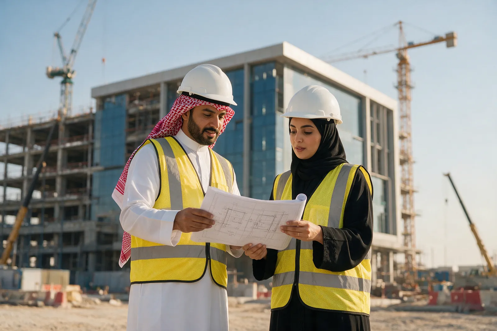 مهندس ومهندسة سعوديان يراجعان مخططاً هندسياً في موقع إنشاء
